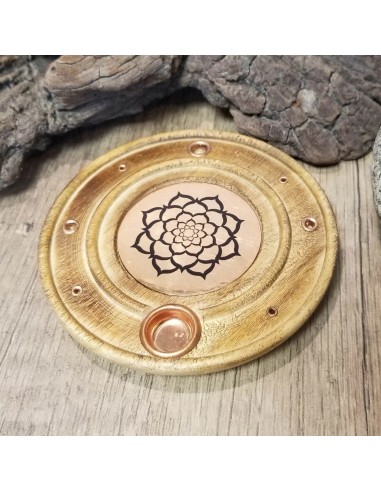 Porte encens rond en bois et métal Style Lotus Mandala